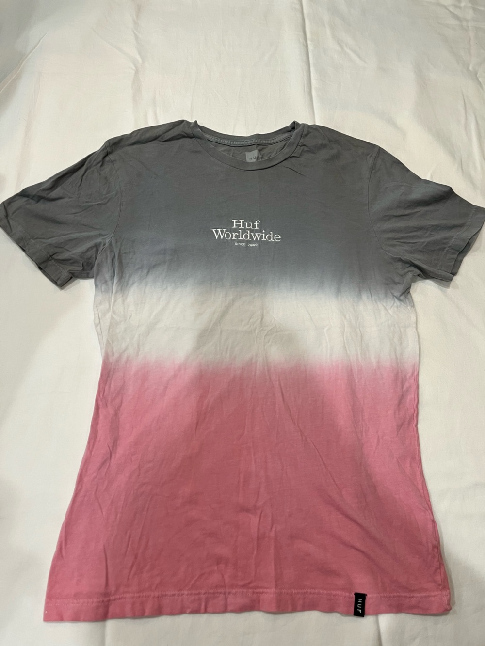 HUF Gray White Pink Ombre "Worldwide" Logo Tee